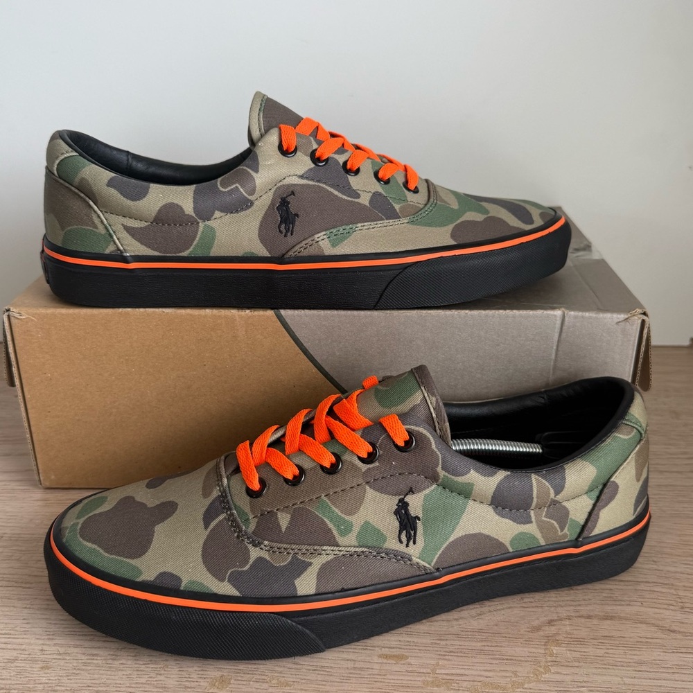 Polo Ralph Lauren Camouflage Green/Orange Canvas Men Sneakers- SZ 10.5 - Picture 3 of 12